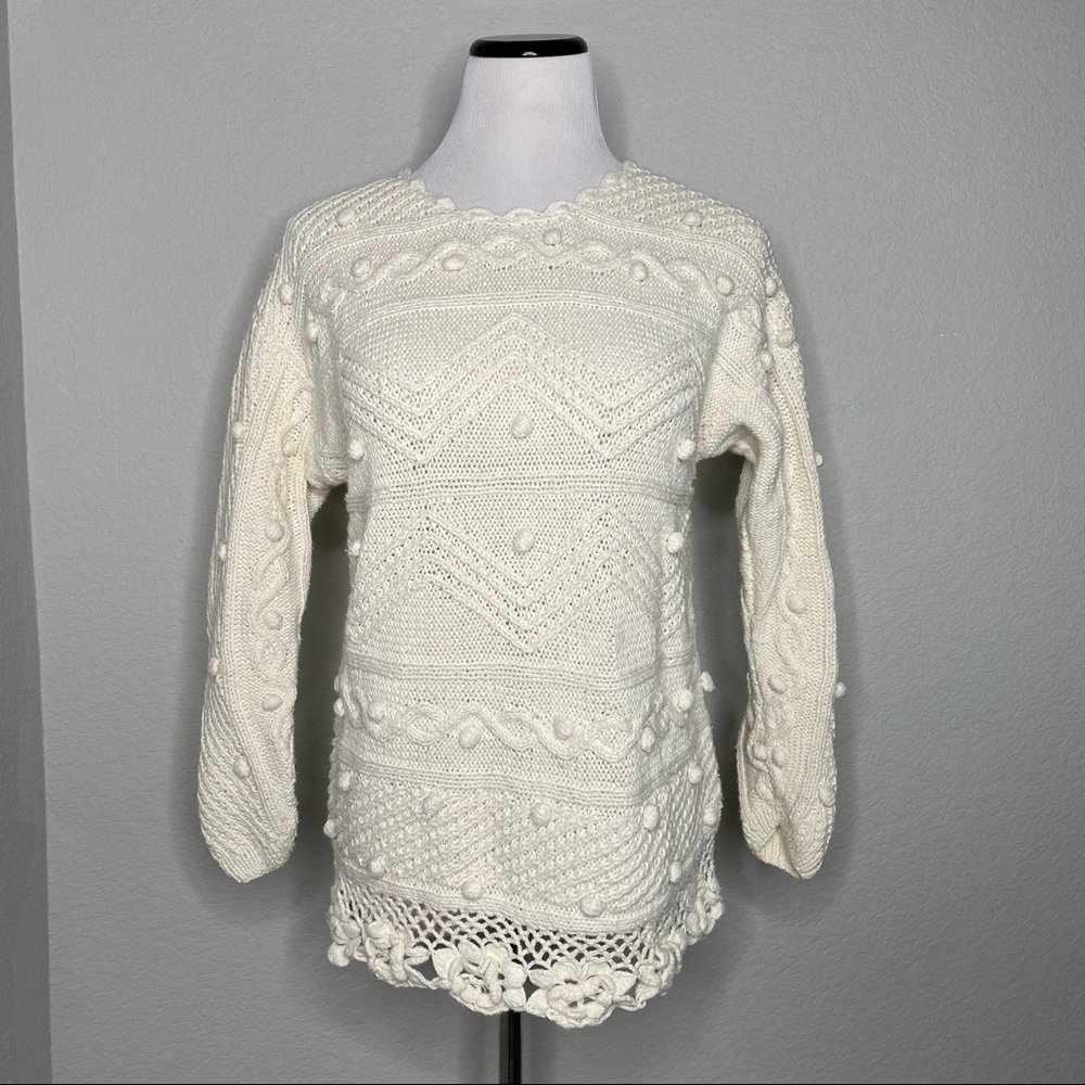 Vintage Internationale Express Hand Knitted Crochet Pom Pom Sweater Size X-Small